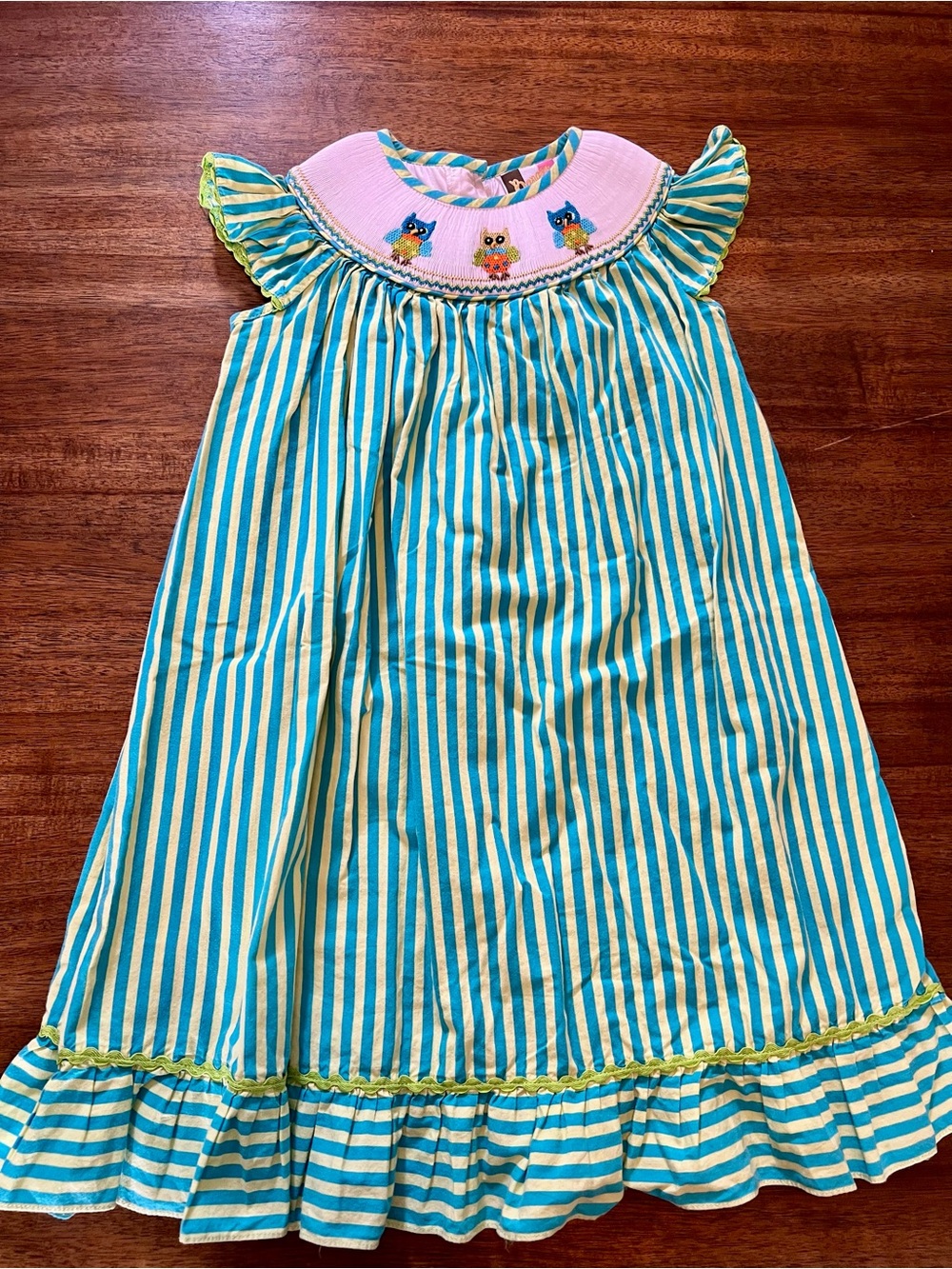 Banana Split Striped Smocked Bishop Dress with Owl Embroidery